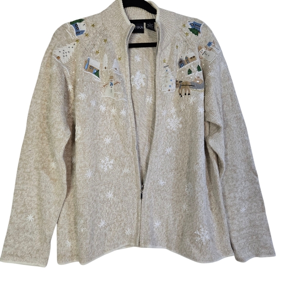 Erika Sweaters - ERIKA Women's Size L Tan embroidered zipper front Winter Wonderland sweater
